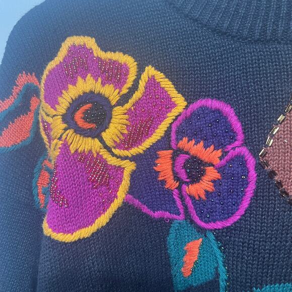 VTG 90s B. Diffusion Sweater Black Multi Embroidered Floral Beaded Artsy M - Picture 2 of 8